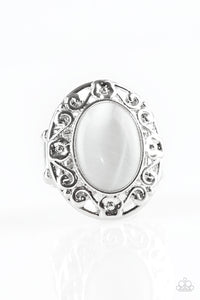 Paparazzi Moonlit Marigold - White - Moonstone - Filigree Swirls - Silver Ring - $5 Jewelry with Ashley Swint