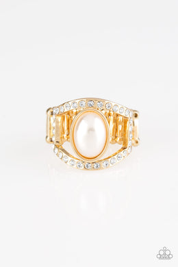 Paparazzi Radiating Riches - Gold - Pearly White Bead - White Rhinestones - Ring - $5 Jewelry With Ashley Swint