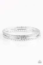 Load image into Gallery viewer, Paparazzi Subtle Shimmer - White Rhinestones - Silver Bangle Bracelets - Set of 4 - $5 Jewelry With Ashley Swint
