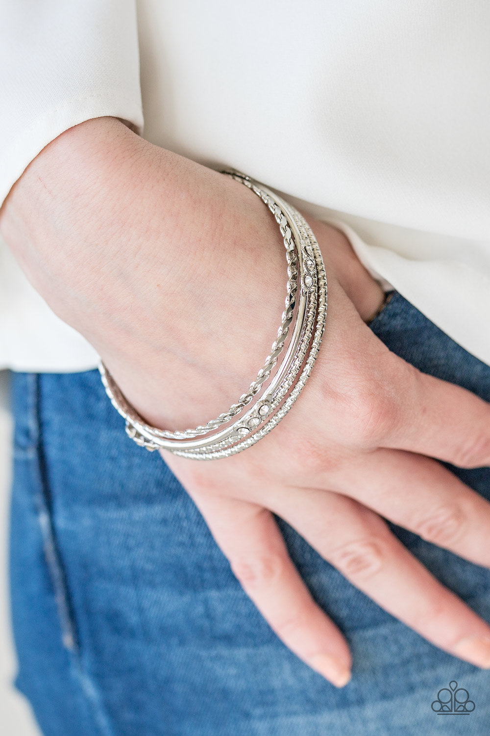 Paparazzi Subtle Shimmer - White Rhinestones - Silver Bangle Bracelets - Set of 4 - $5 Jewelry With Ashley Swint