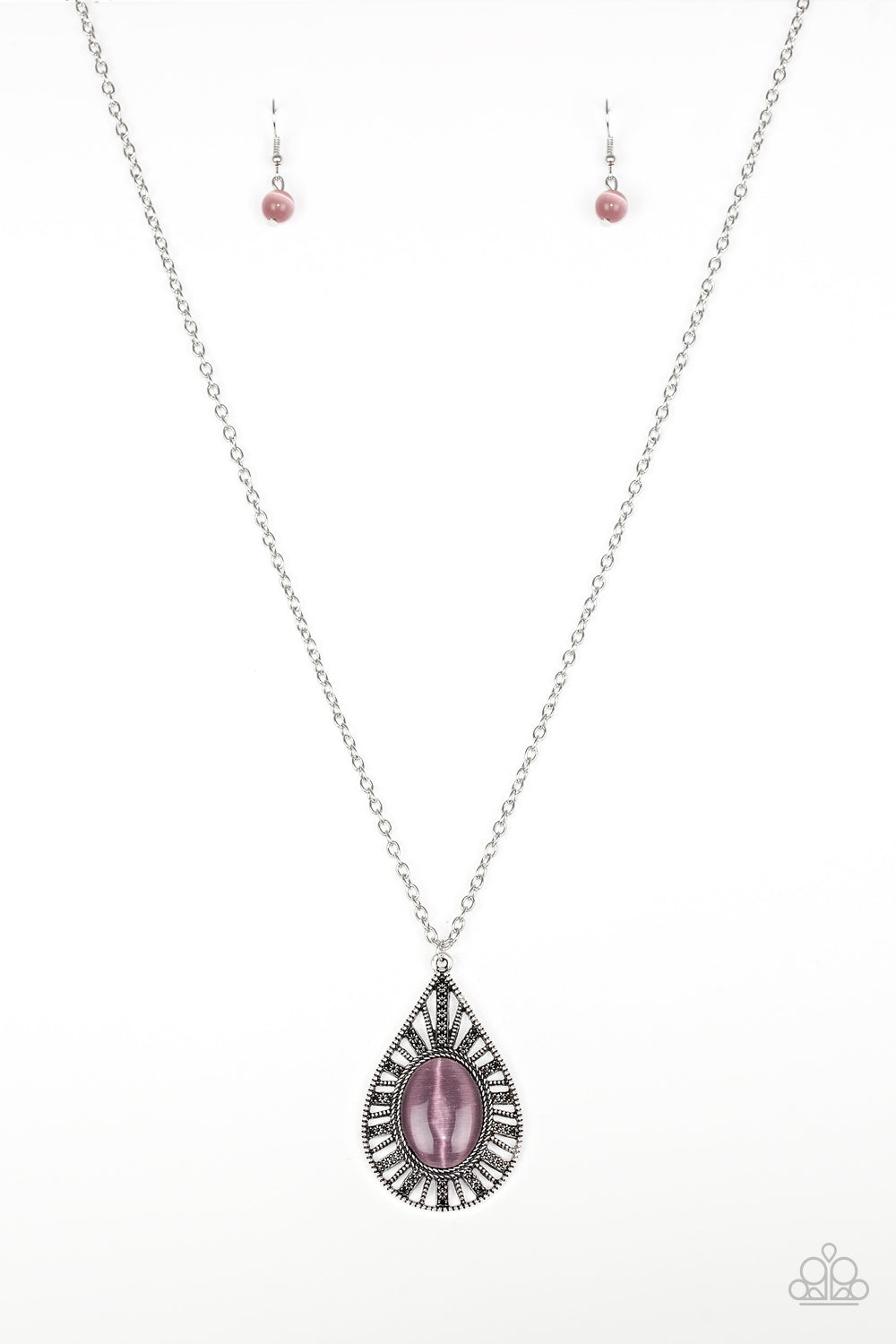 Paparazzi Total Tranquility - Purple - Moonstone Ornate Teardrop Silver Necklace & Earrings - $5 Jewelry With Ashley Swint