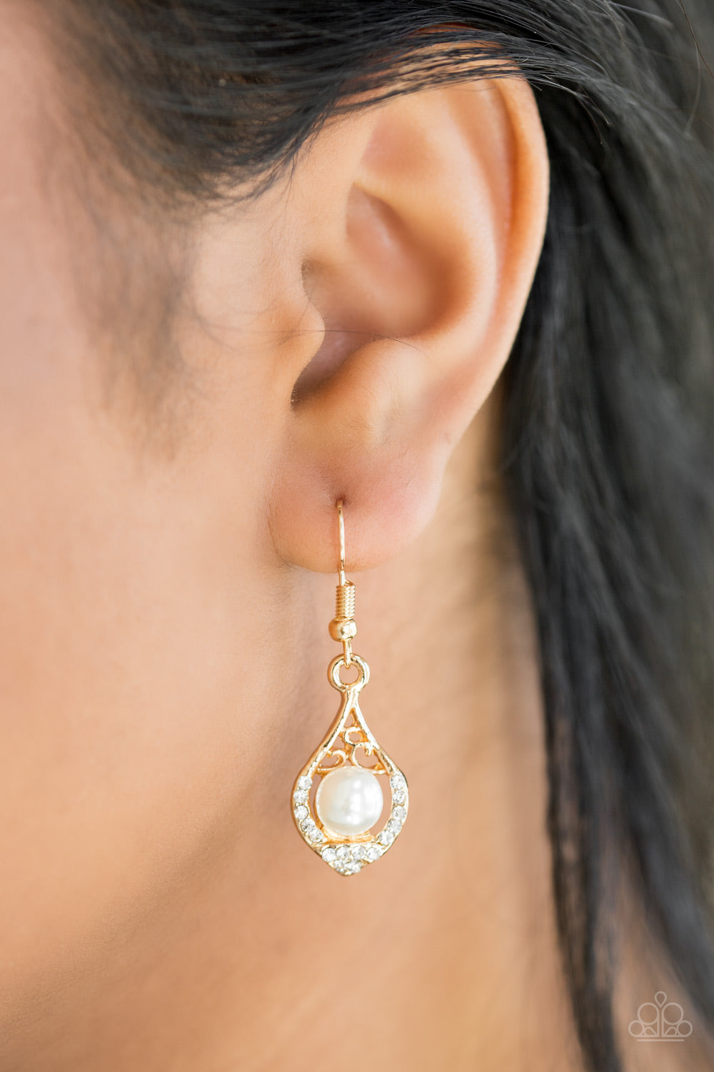 Paparazzi Westminster Waltz - Gold - White Pearl - White Rhinestones - Earrings - $5 Jewelry With Ashley Swint