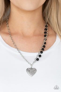 Paparazzi Forever In My Heart - Black Beads - Silver Heart Necklace & Earrings - $5 Jewelry with Ashley Swint