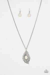 Paparazzi Flight Path - White Stone - Silver Feather - Necklace & Earrings - $5 Jewelry with Ashley Swint