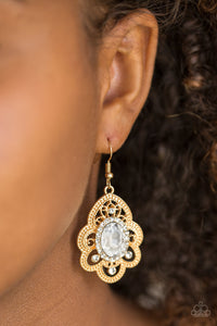 Paparazzi Reign Supreme - Gold - White Rhinestones - Earrings - $5 Jewelry with Ashley Swint