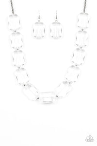 Paparazzi The ICE President - White - Emerald Cut Glassy Acrylic Beads - Silver Necklace & Earrings - $5 Jewelry with Ashley Swint