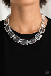 Paparazzi The ICE President - White - Emerald Cut Glassy Acrylic Beads - Silver Necklace & Earrings - $5 Jewelry with Ashley Swint