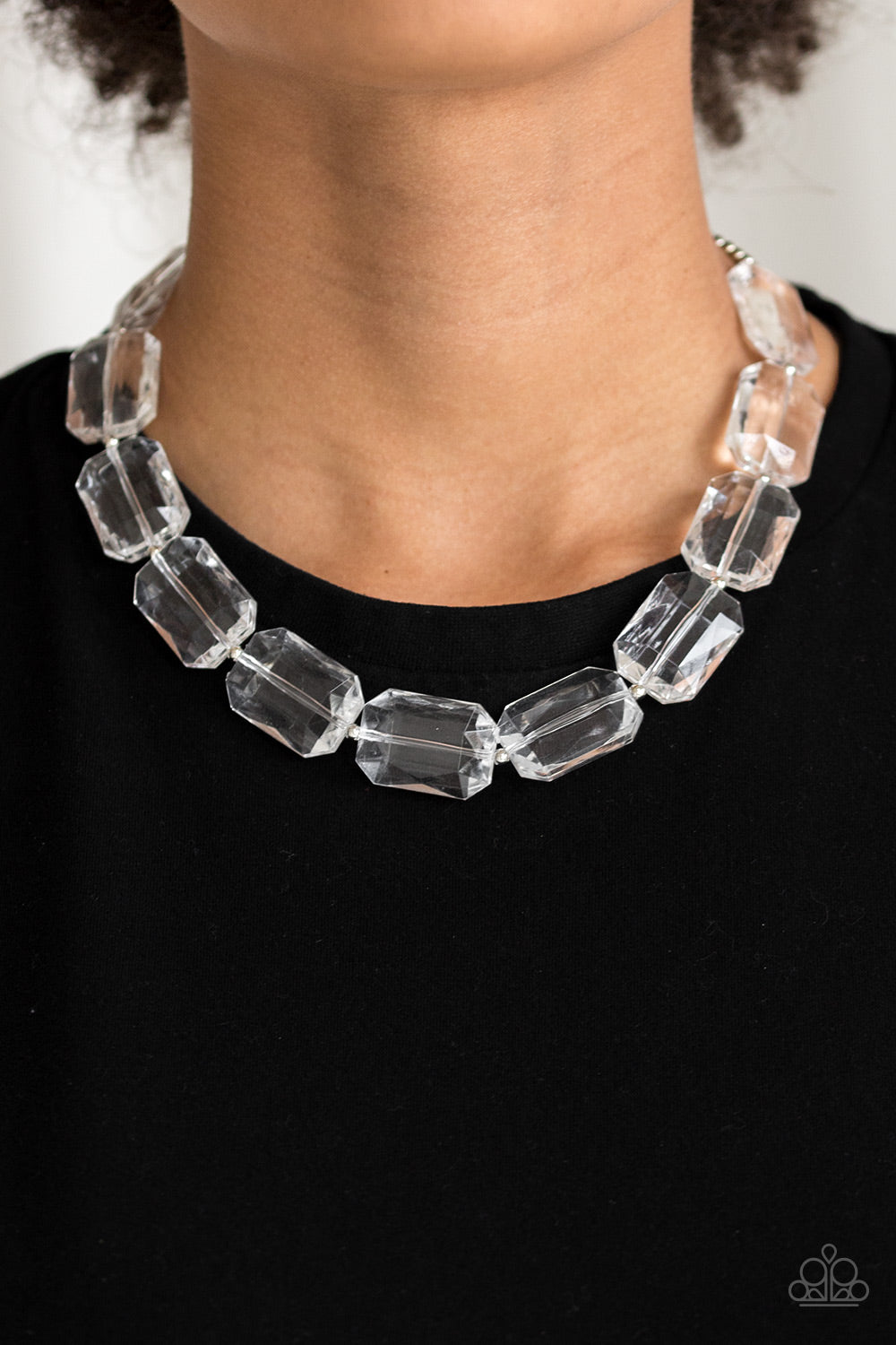 Paparazzi The ICE President - White - Emerald Cut Glassy Acrylic Beads - Silver Necklace & Earrings - $5 Jewelry with Ashley Swint
