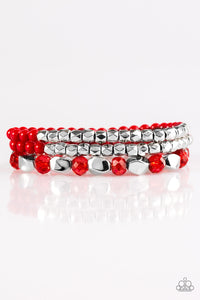 Paparazzi Beaded Bravado - Red Beads - Faceted Silver - Set of 3 Bracelets - $5 Jewelry With Ashley Swint