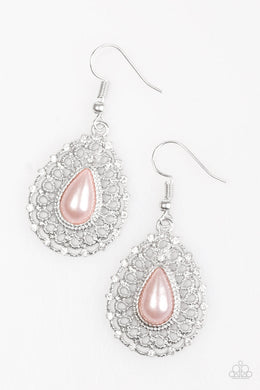 Paparazzi Court Chic - Pink - Pearly Teardrop Bead - White Rhinestones - Silver Earrings - $5 Jewelry With Ashley Swint