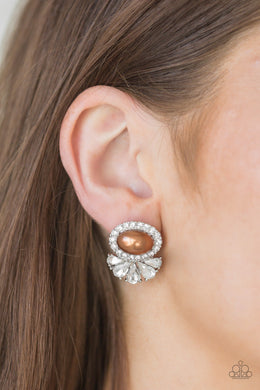 Paparazzi Happily Ever After-Glow - Brown Pearly Bead - White Rhinestones - Post Earrings - $5 Jewelry With Ashley Swint