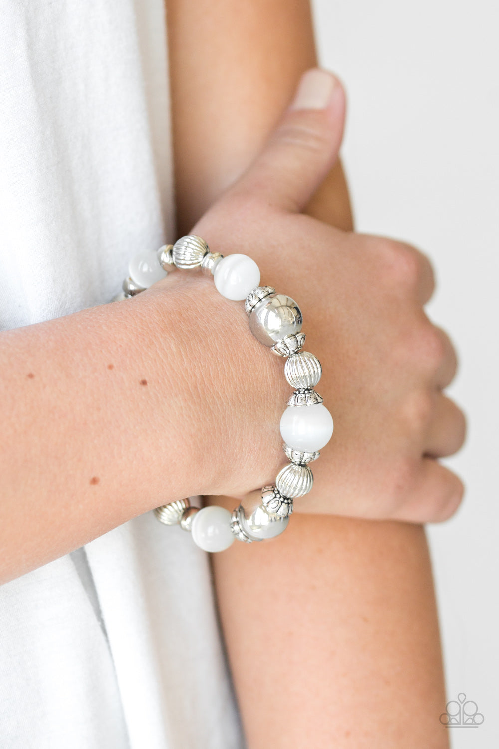 Paparazzi Once Upon A MARITIME - White - Ornate Silver Beads - Stretchy Band Bracelet - $5 Jewelry With Ashley Swint