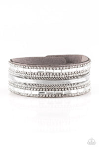 Paparazzi Teasingly Tomboy - Silver - White Rhinestones - Gray Suede Band Wrap Bracelet - $5 Jewelry With Ashley Swint