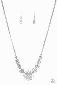 Paparazzi Garden Glamour - White Rhinestones - Glittery Leafy Frames Silver Necklace - January 2019 Life of the Party Exclusive - $5 Jewelry With Ashley Swint