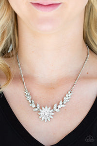 Paparazzi Garden Glamour - White Rhinestones - Glittery Leafy Frames Silver Necklace - January 2019 Life of the Party Exclusive - $5 Jewelry With Ashley Swint